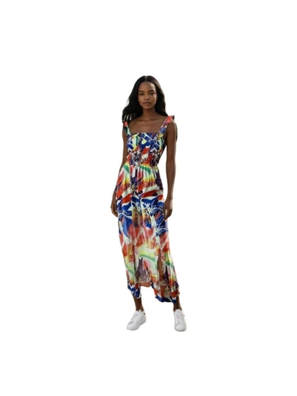 Women’s Colorful Boho Maxi Dress Smocked Top, Adjustable Straps, Floral Print S